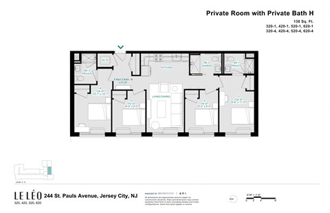Floor plan for 1 bed, 1 bath, 138 sqft